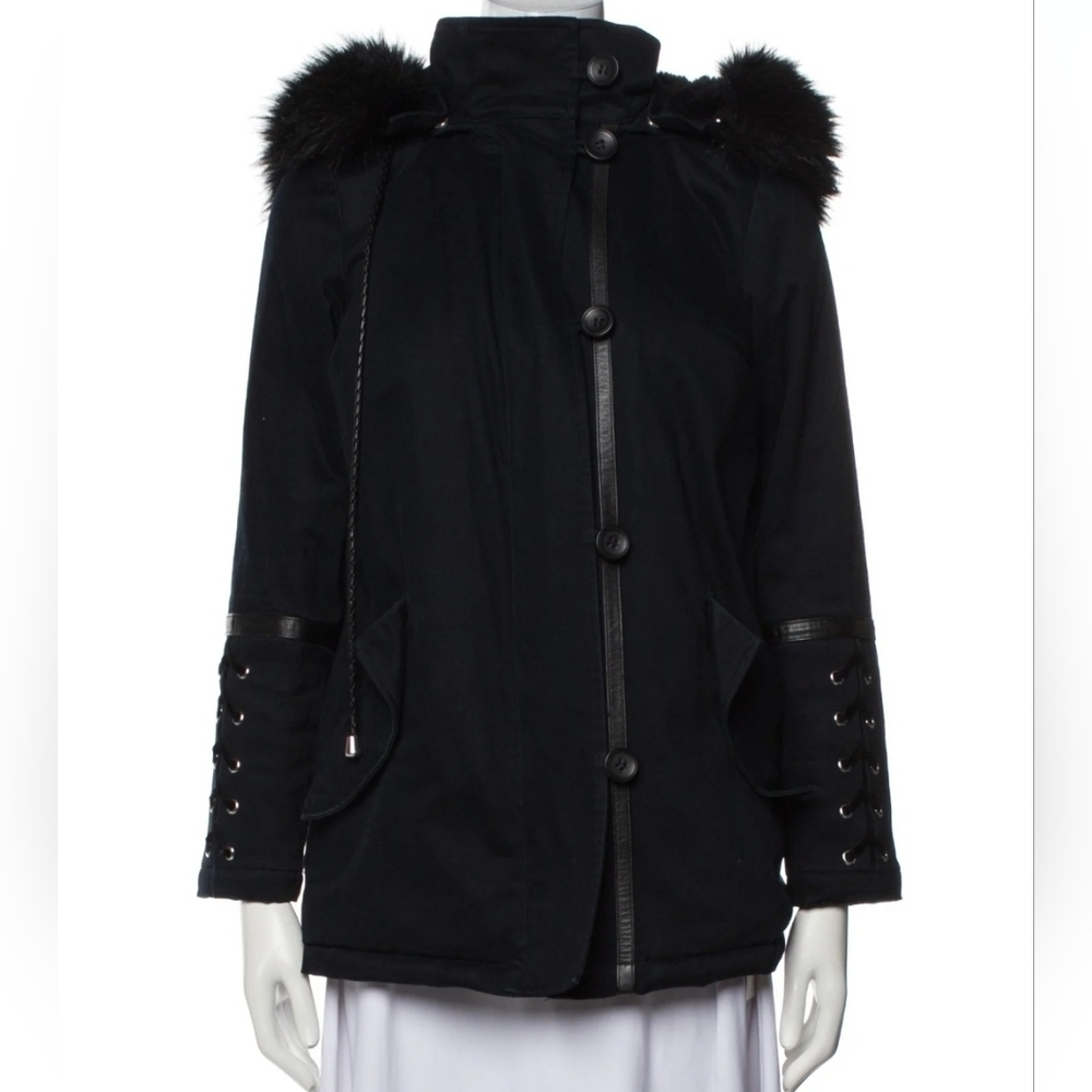 Maje Women's Black Fur-Trimmed Navy Blue Jacket Size 36